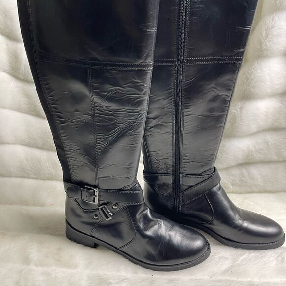 Bandolino leather black riding boots wide calf non functional side buckles SZ 7 - Picture 1 of 11
